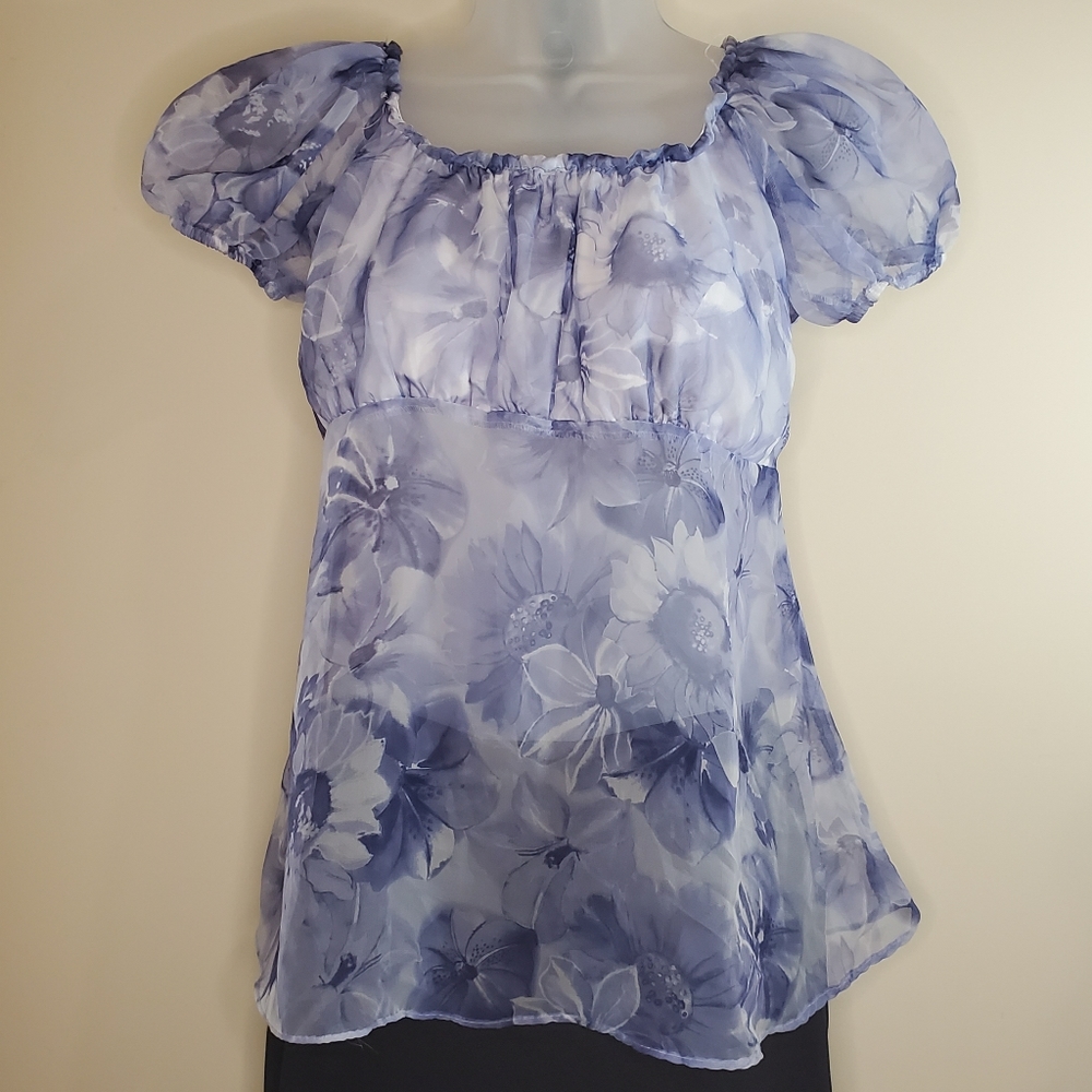 Azzura Blue Floral Sheer Short Sleeve Top Large